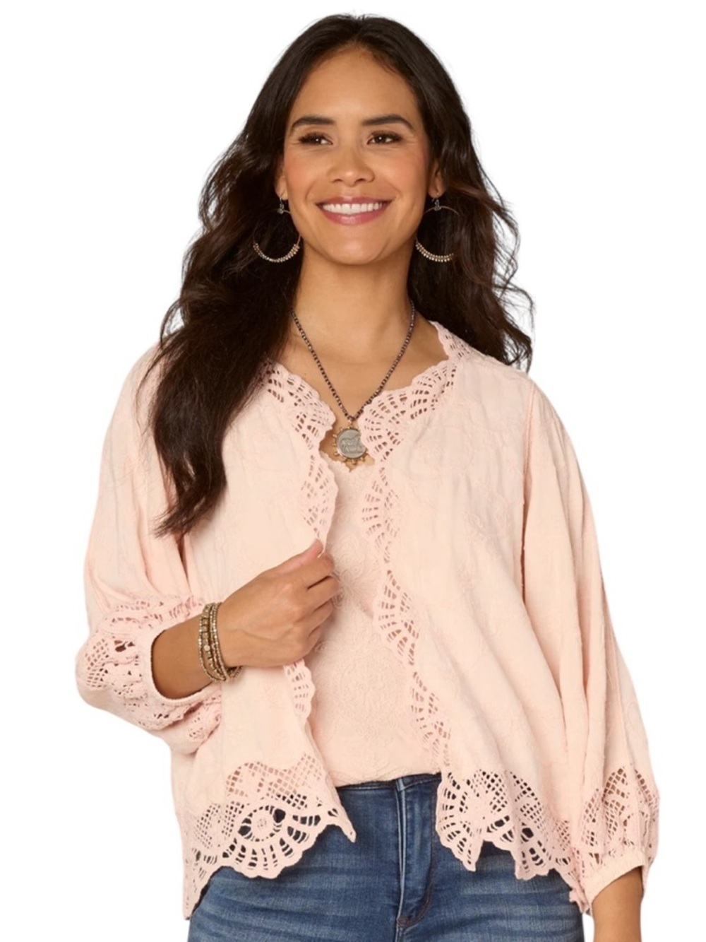 Democracy Blush Pink Crochet-Trim Cardigan Sweater - Picture 1 of 5
